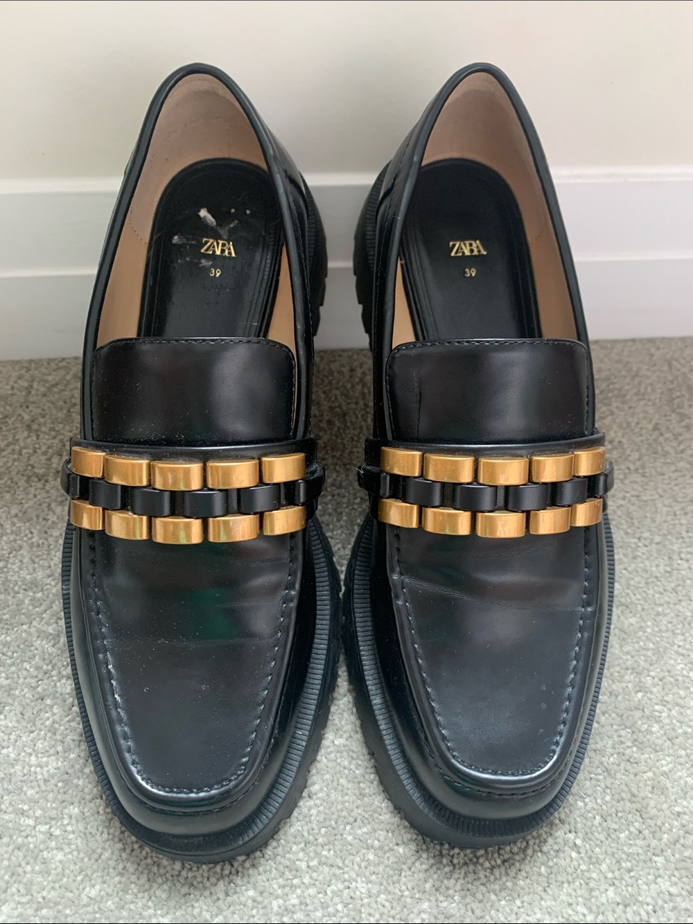 Zara Black Loafers with Gold Chain-Link Detail